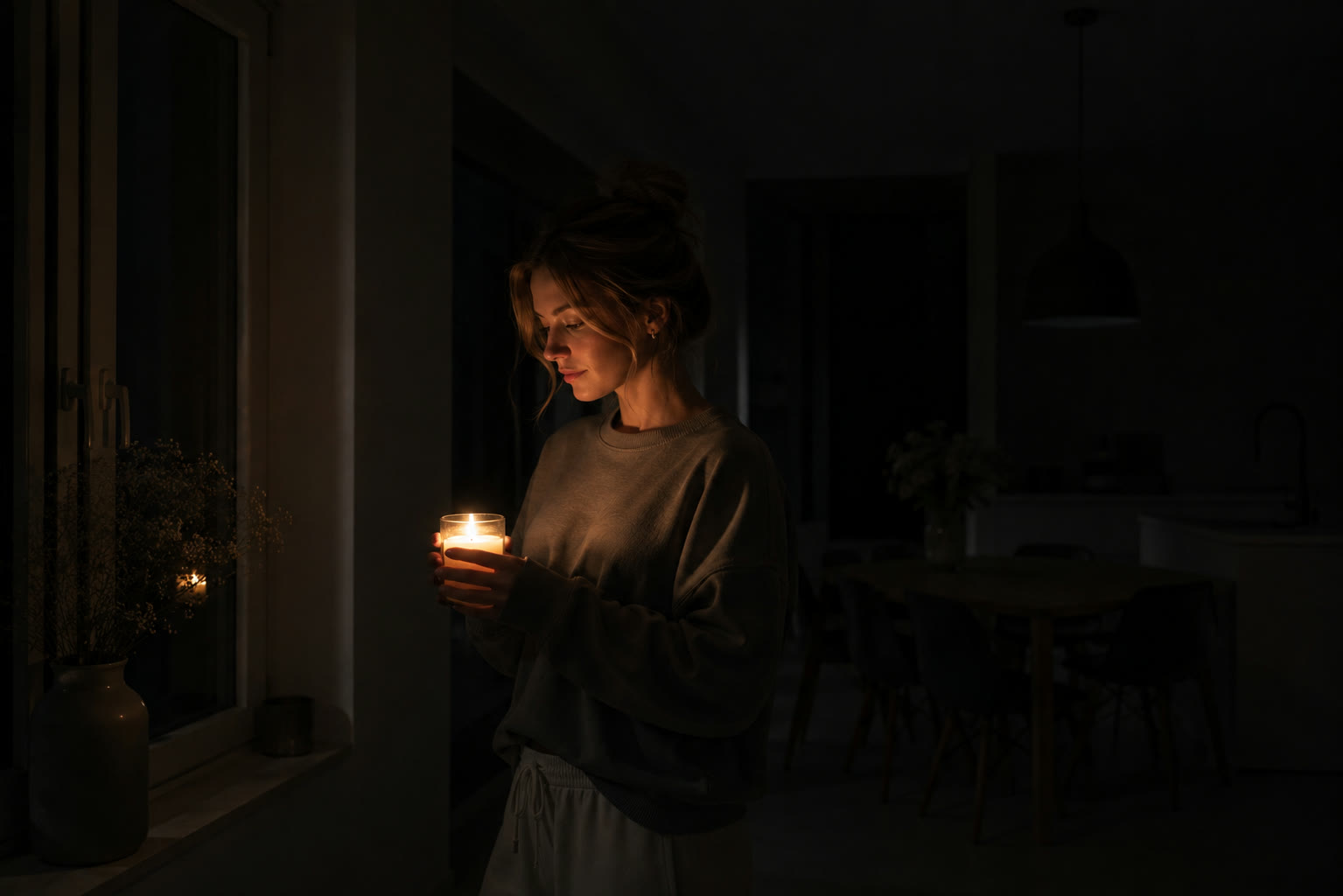 Een vrouw met een kaars in een donker huis tijdens een stroomstoring